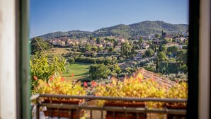 A view of a town with buildings, greenery, and a hill in the background.