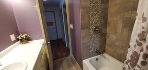 A bathroom with a bathtub, a shower area with a pebble wall, and a sink with a flower vase. - Winter Lore (Rutland)