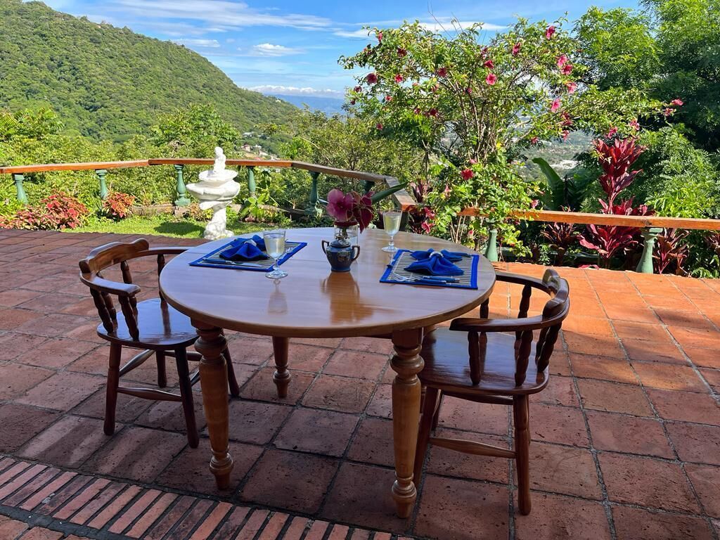 Une table ronde en bois, entourée de chaises, un vase rempli de fleurs et une théière, le tout posé sur une terrasse en briques offrant une vue sur une colline verdoyante.