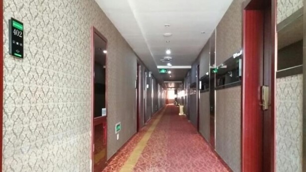 A hotel hallway with patterned walls, a red carpet, and doors leading to rooms. - Greentree Alliance Jiayuguan Datang Food Street Sports Avenue Hotel (Jiayuguan)