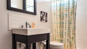 Regadera, secadora de cabello, toallas