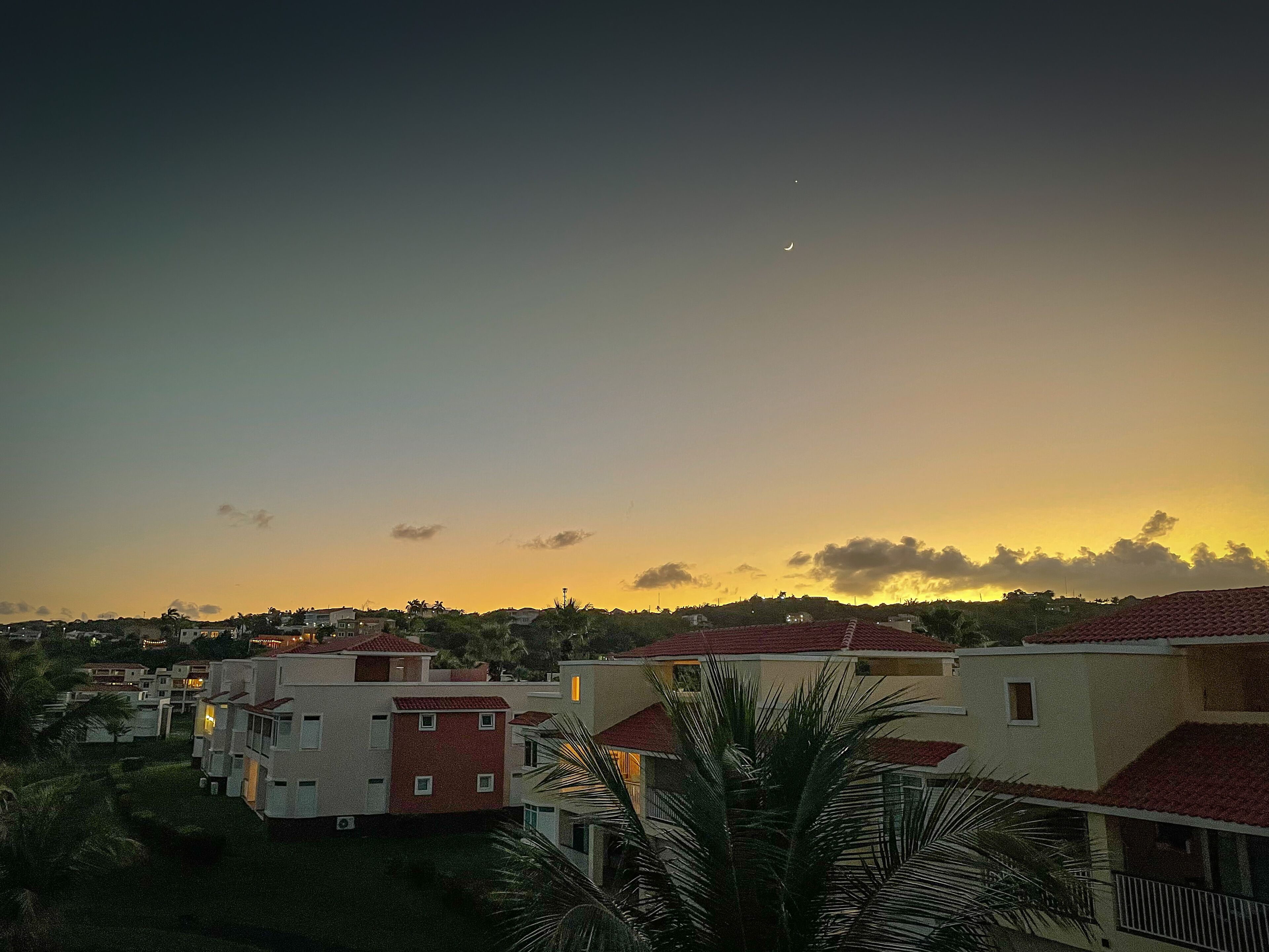 A residential area with houses featuring red-tiled roofs and a clear sky with a crescent moon.