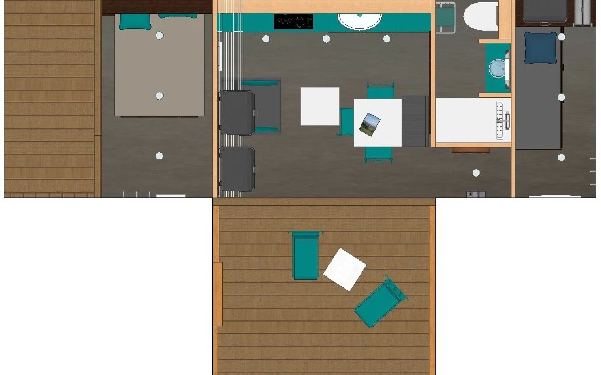 A floor plan of a hotel room with a bed, a desk, a chair, a small table, and a sofa.