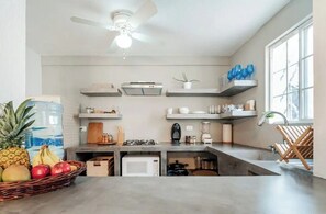 Fridge, microwave, oven, coffee/tea maker