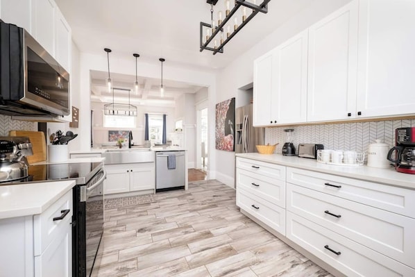 Microwave, dishwasher, dining tables
