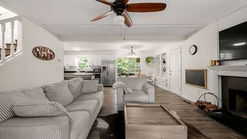 TV connectée, cheminée, livres