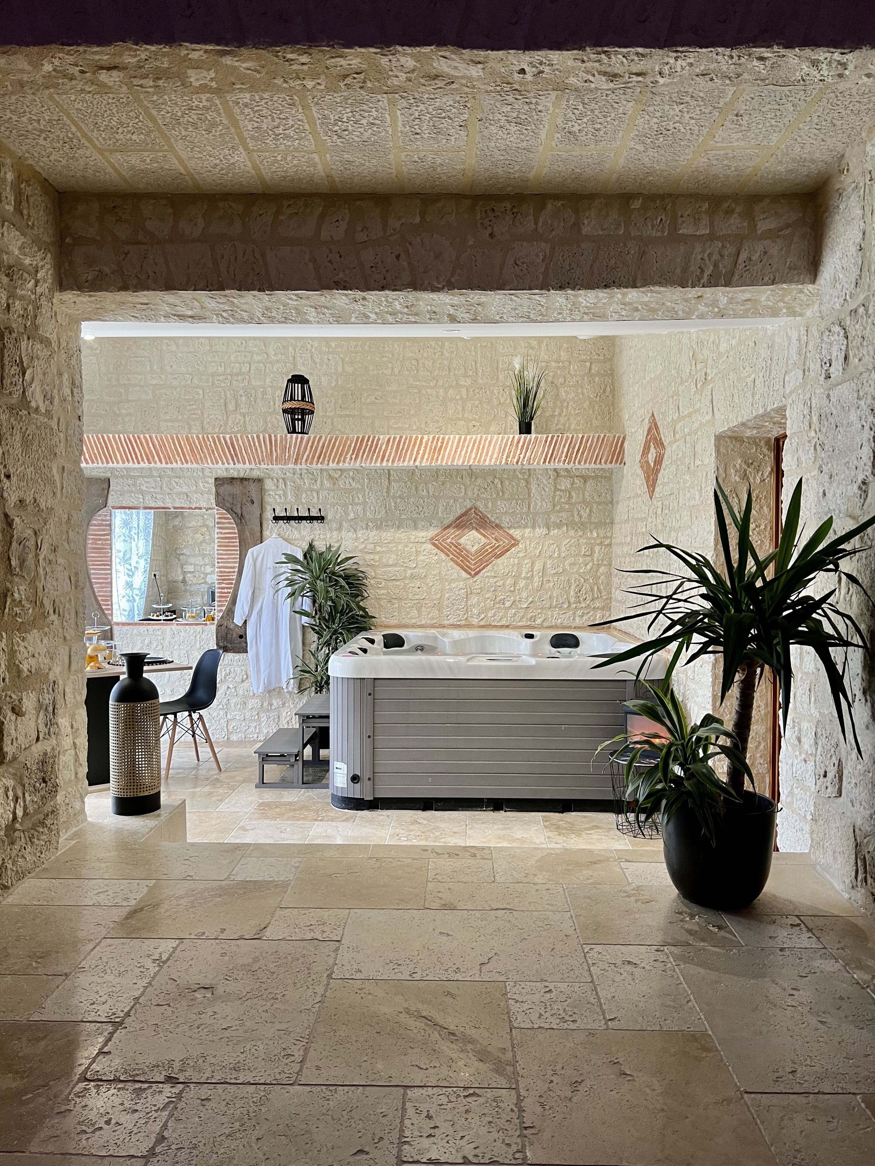Un espace de détente avec un mur en pierre, un jacuzzi et des plantes en pot.