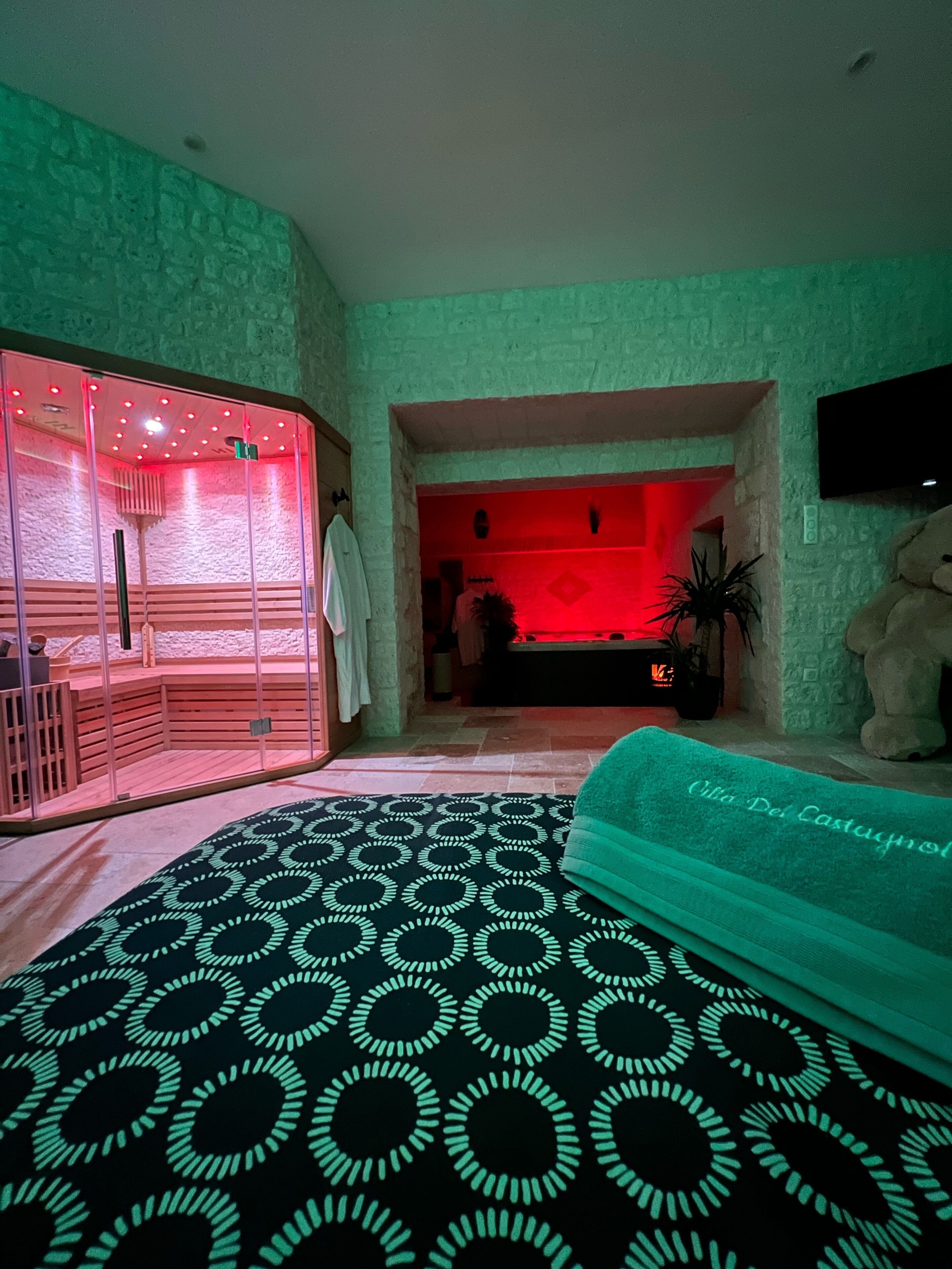 A room with a patterned carpet, a bed, a TV, and a red-lit area in the background.