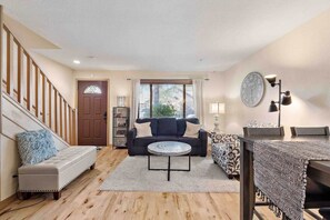 Smart TV, fireplace, books