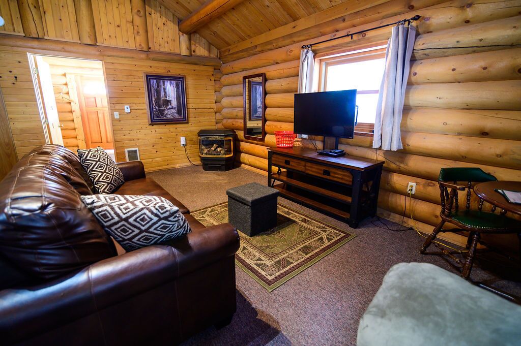 Interno di una baita di legno con un divano in pelle, una televisione, un camino e un tappeto.
