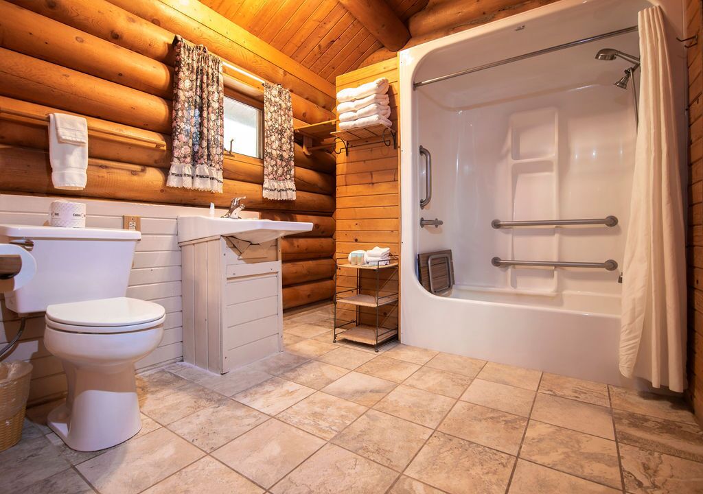 premium cabin, 2 queen beds, accessible, fireplace | bathroom | free toiletries, hair dryer, towels, soap