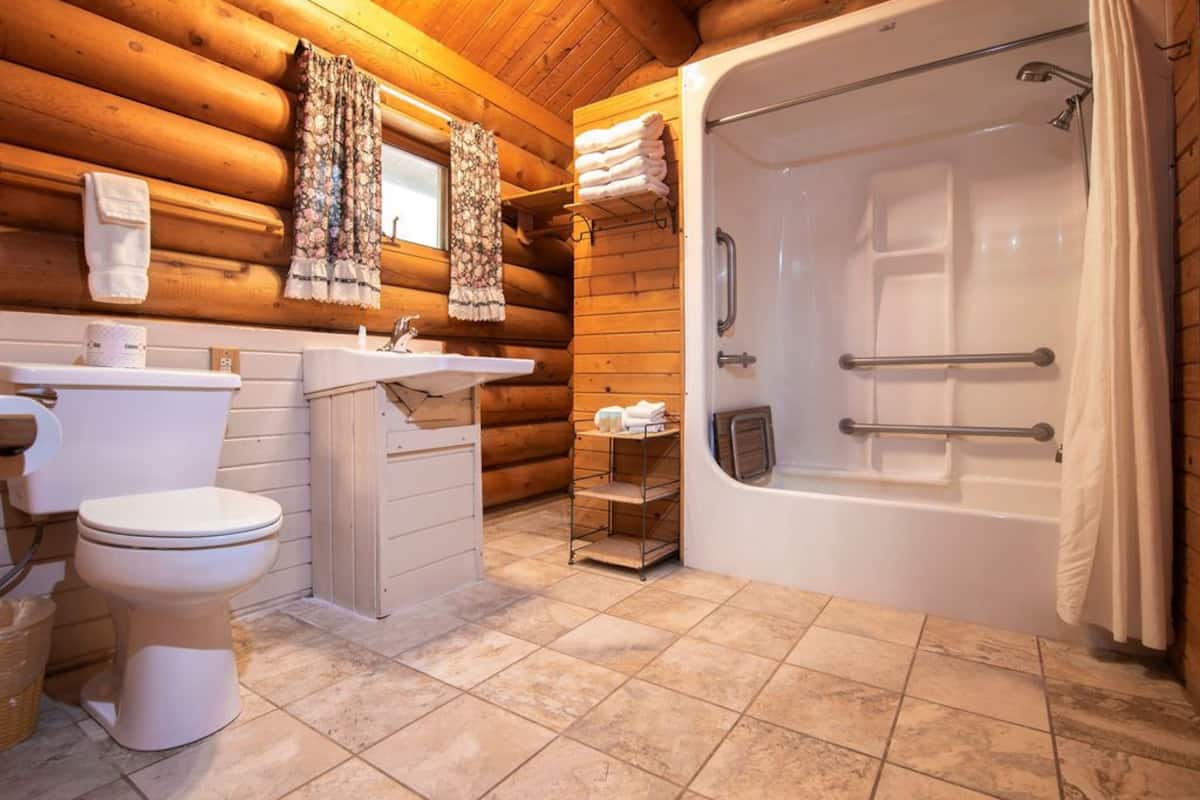 premium cabin, 2 queen beds, accessible, fireplace | bathroom | free toiletries, hair dryer, towels, soap