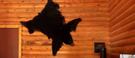 L’intérieur d’un chalet rustique, avec une peau d’animal accrochée au mur, des meubles en bois, une cheminée et un téléviseur.