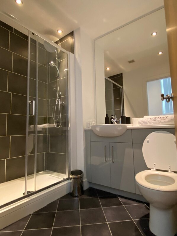 Un baño moderno con ducha envuelta en vidrio, un lavabo blanco y un inodoro.
