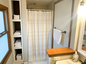 Dusche, Haartrockner, Handtücher, Seife