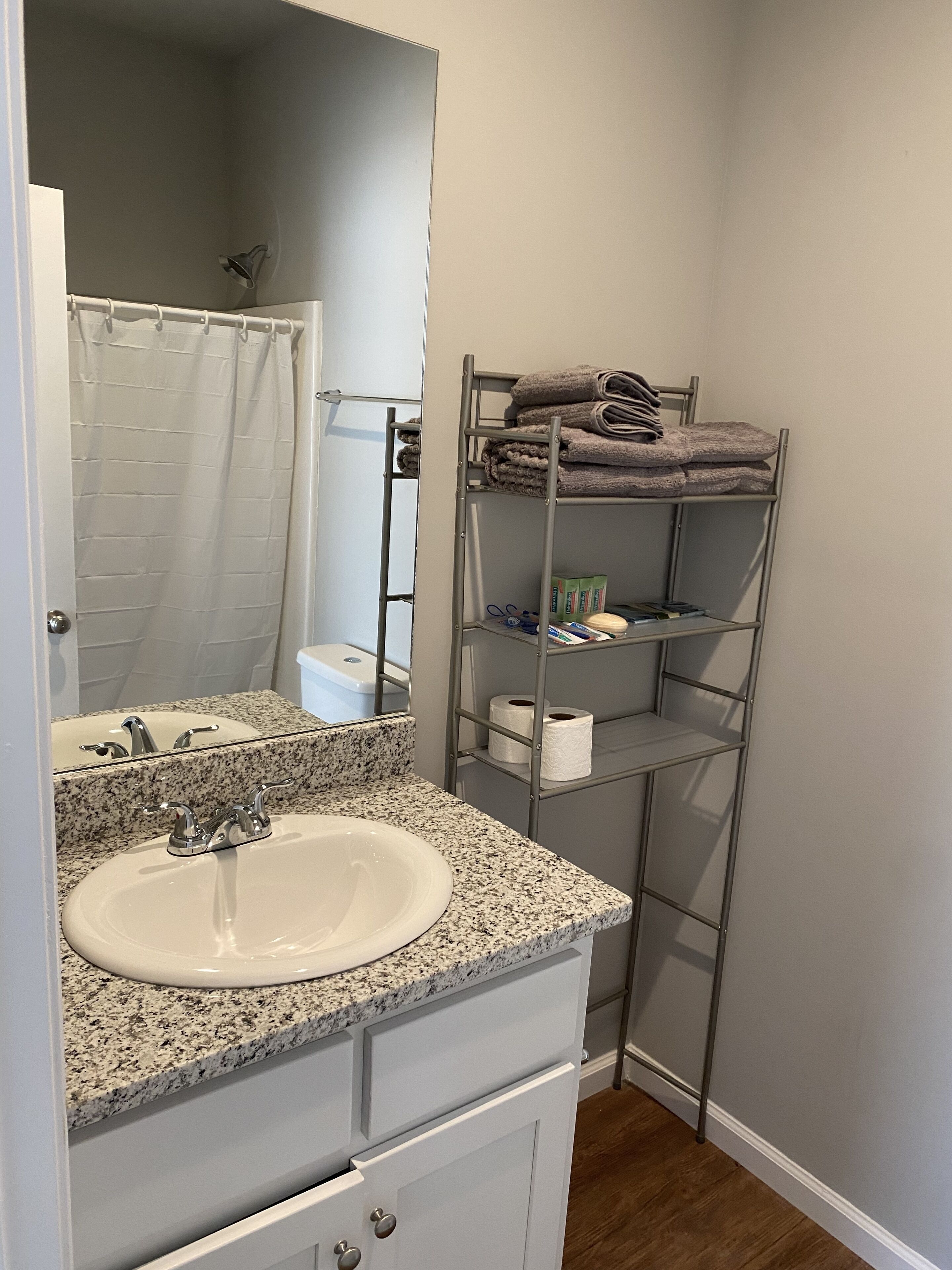 Combined shower/tub, hair dryer, towels, soap