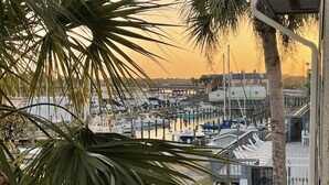 A marina with boats docked, a building in the background, and a palm tree in the foreground. - Carrabelle River Condo  (Carrabelle)