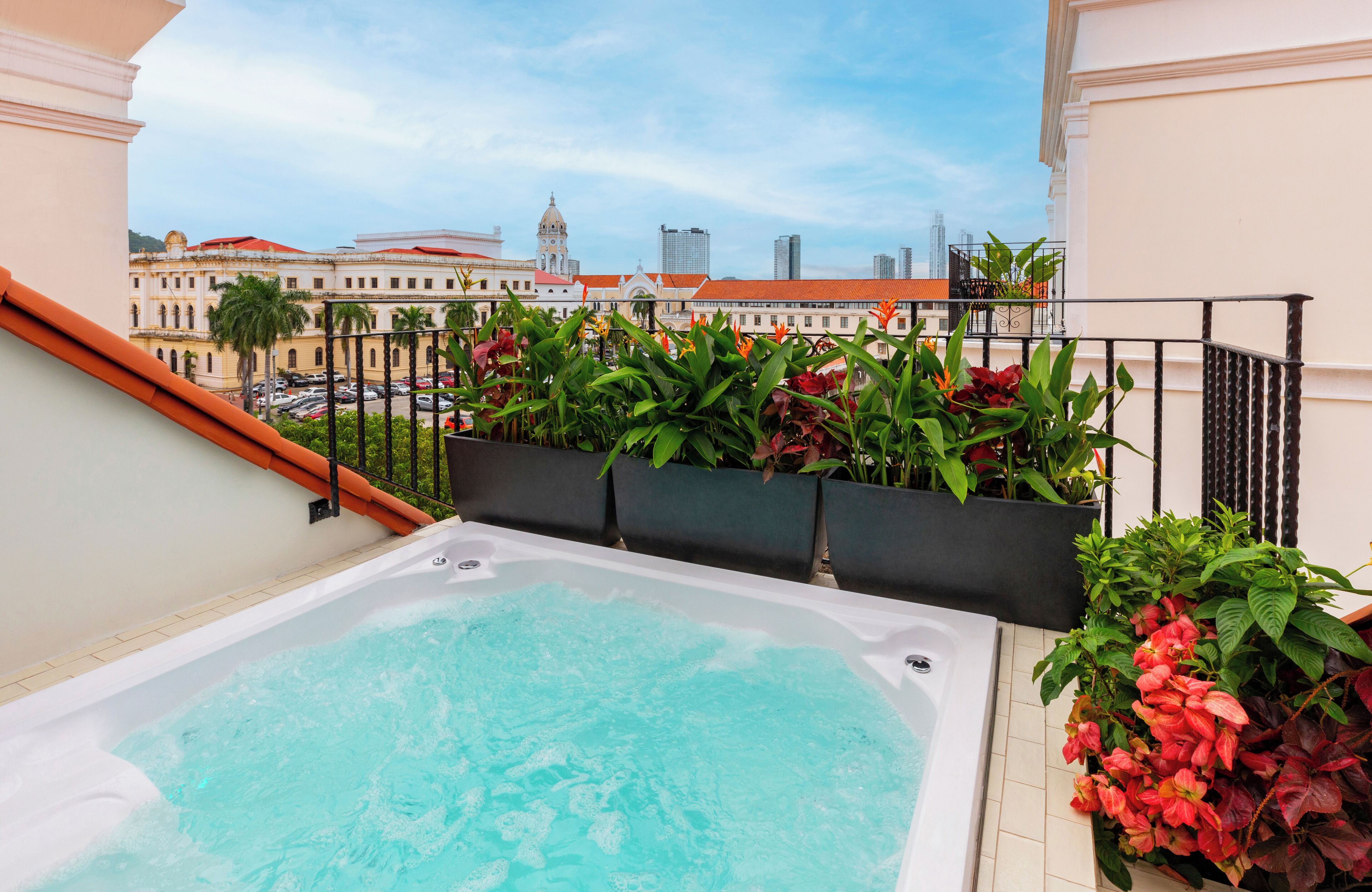 Une piscine sur le toit offrant une vue sur la ville, entourée d’une végétation luxuriante et accessible par un escalier.