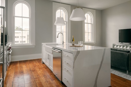 Fridge, microwave, oven, stovetop. Luxury loft in the heart of downtown Janesville