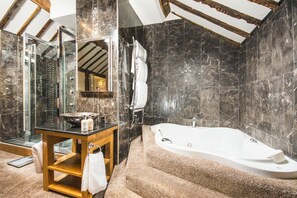 Combined shower/tub, hair dryer, bidet, towels