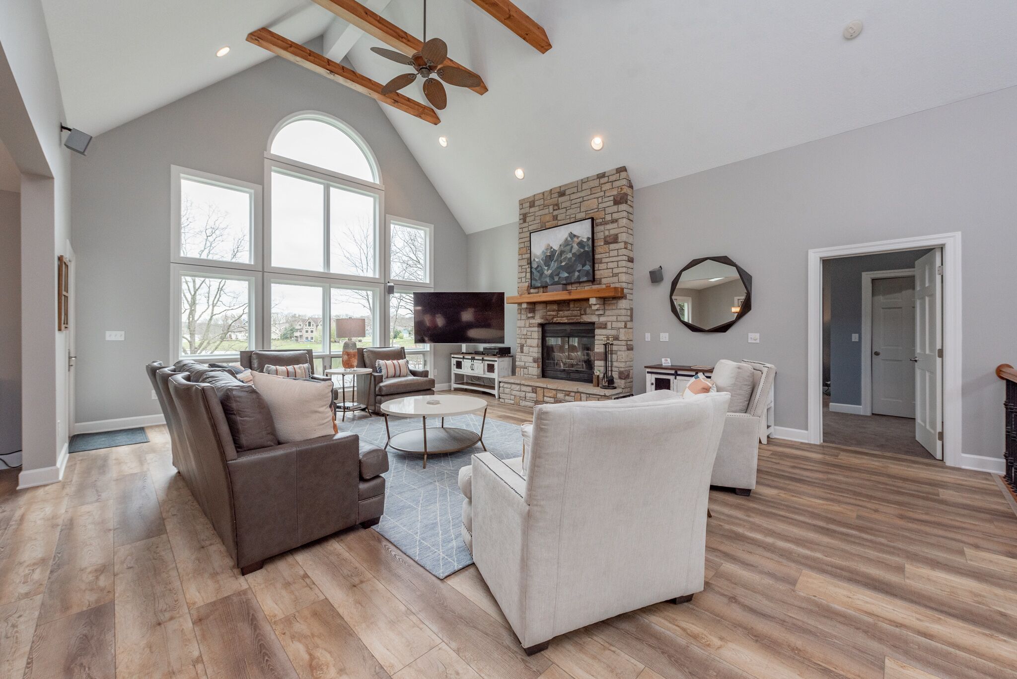 Smart TV, fireplace, foosball