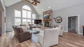 Smart TV, fireplace, foosball