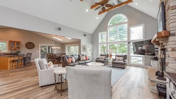 Smart TV, fireplace, foosball