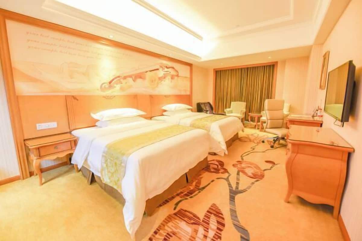A hotel room with two beds, a desk, a chair, a television, and a carpet with a floral pattern.
