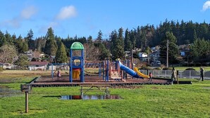 A playground with a slide and climbing structures, surrounded by a grassy area and a small pond.