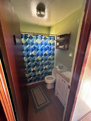 Combined shower/bathtub, towels, soap, toilet paper