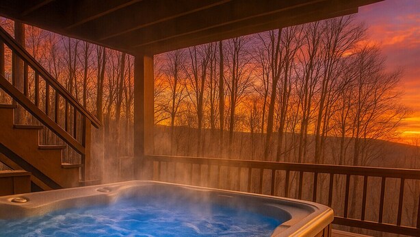 Un bain à remous sur une terrasse en bois, avec vue sur le coucher de soleil.