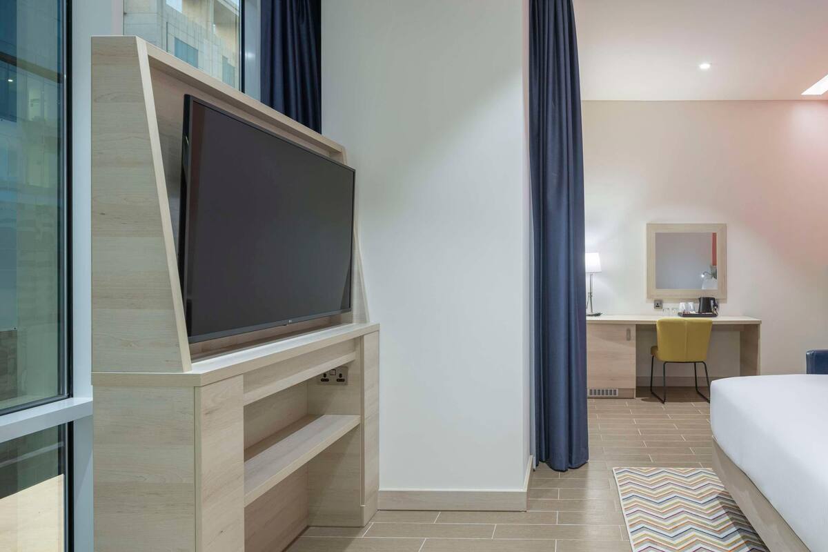 In-room safe, desk, laptop workspace, blackout drapes