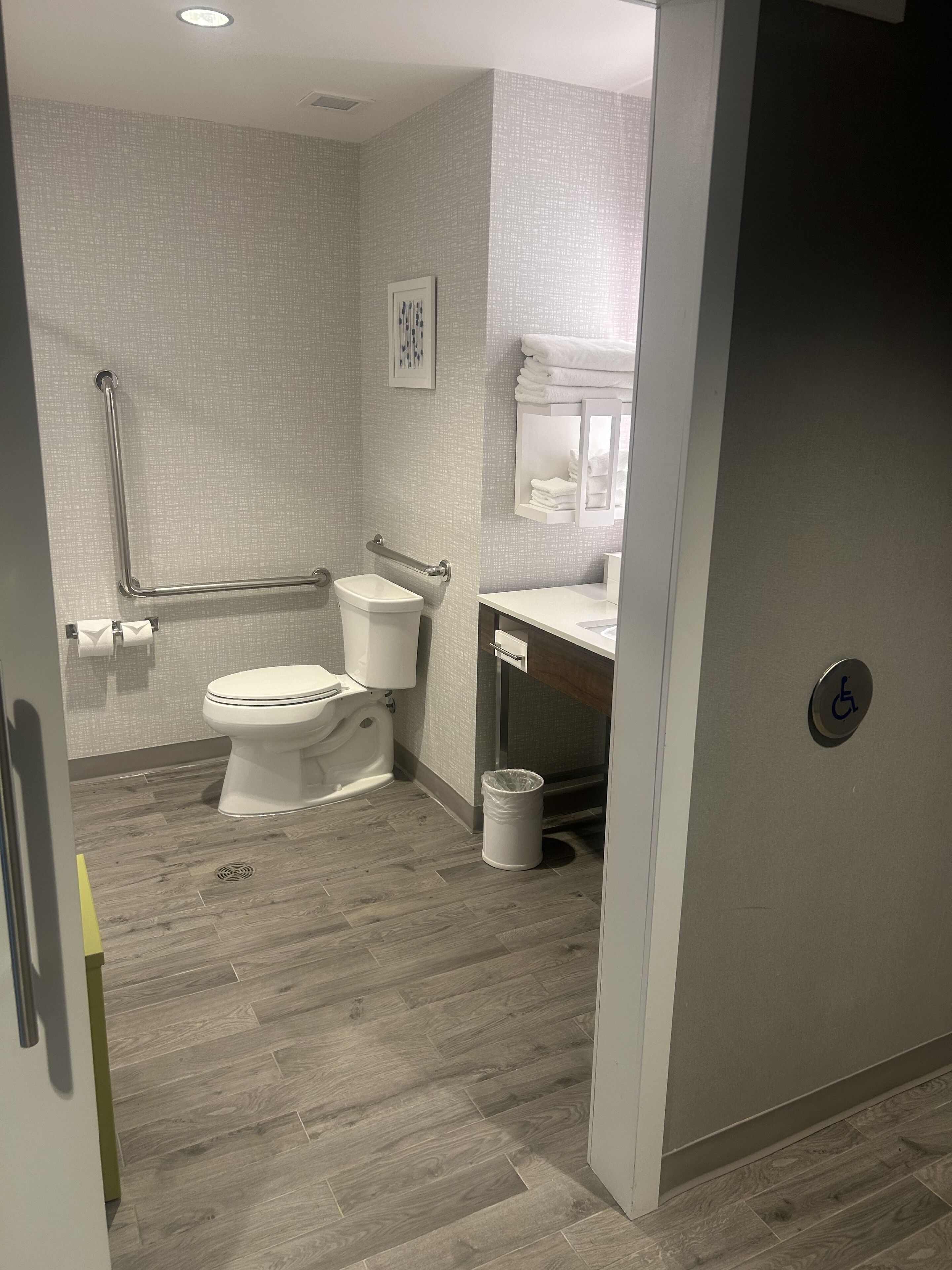 Une salle de bain moderne équipée de toilettes, d’un lavabo et d’une barre d’appui.