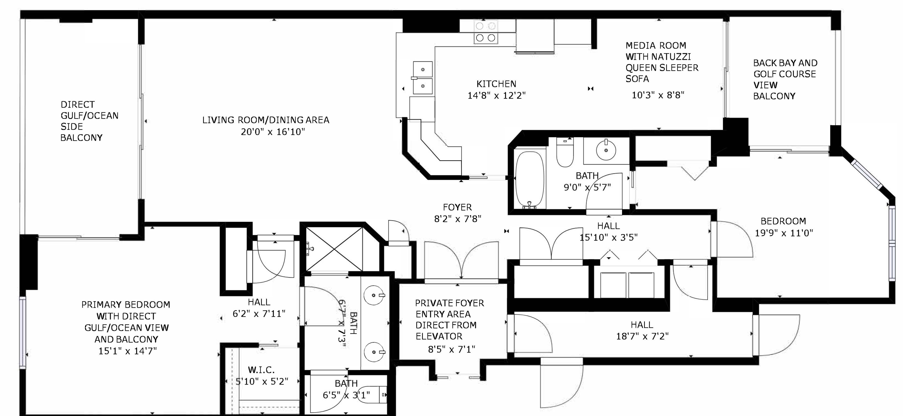 A floor plan with a living room/dining area, kitchen, media room, bedrooms, bathrooms, and a foyer.