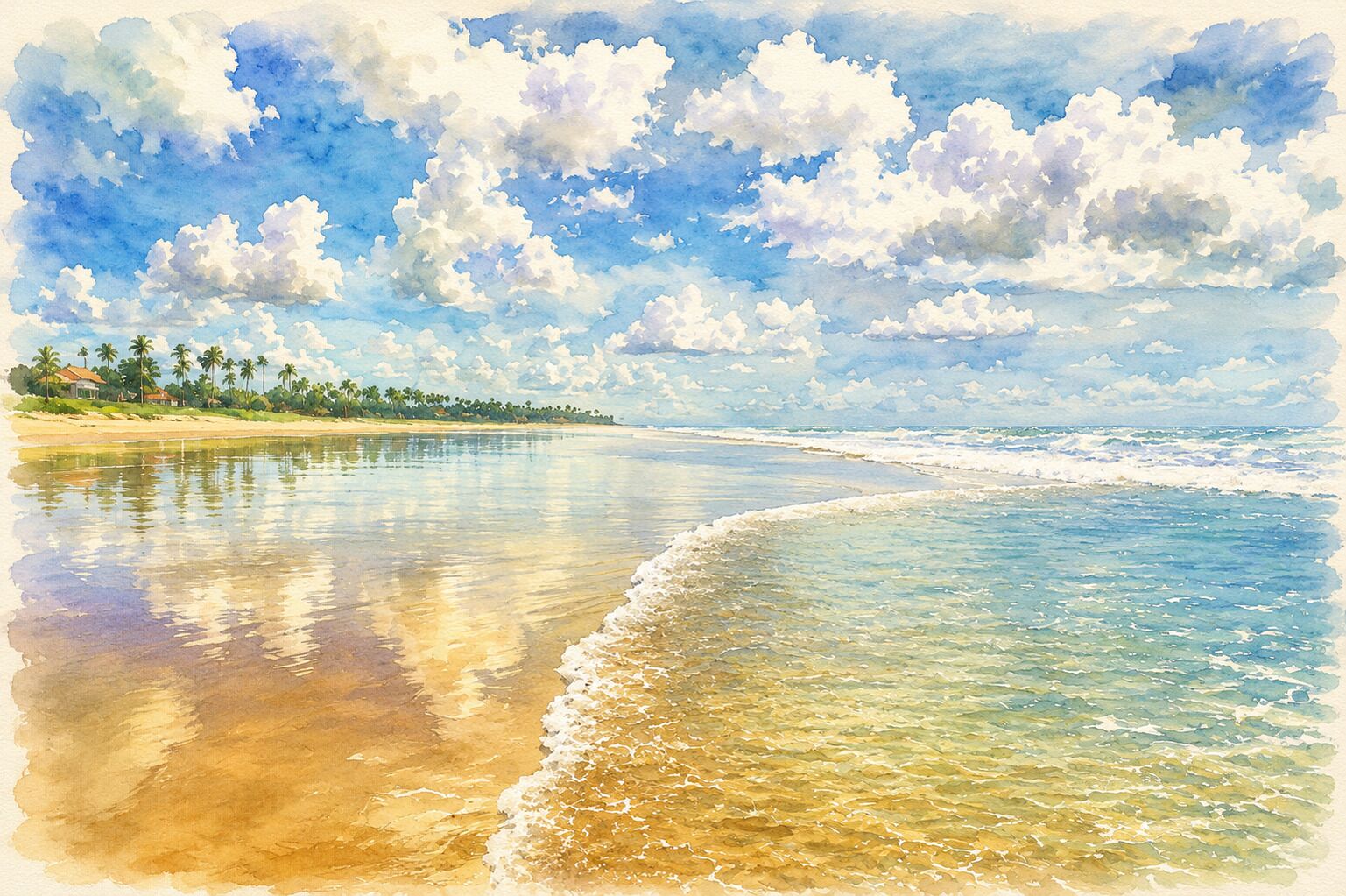 A beach scene with clear water, a sandy shore, and palm trees in the background.
