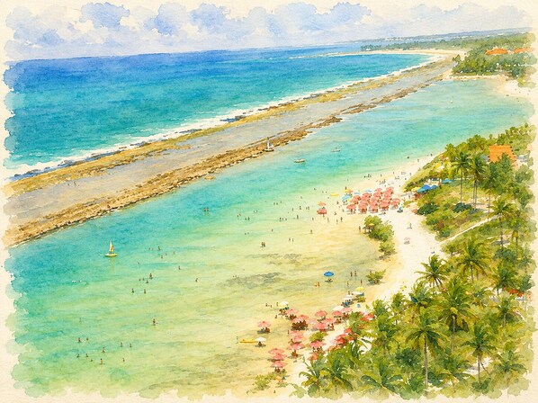 A beach scene with clear waters, a rocky breakwater, and palm trees.