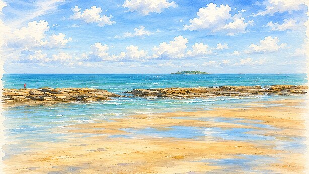 A beach scene with rocky shoreline, calm sea, and a distant island. - House with 10 suites - Sleeps 20 adults - 100m from the sea - Serrambi Beach (Ipojuca)