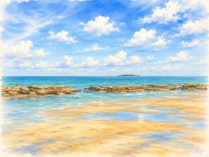 A beach scene with rocky shoreline, calm sea, and a distant island. - House with 10 suites - Sleeps 20 adults - 100 meters from the ocean - Serrambi Beach (Ipojuca)