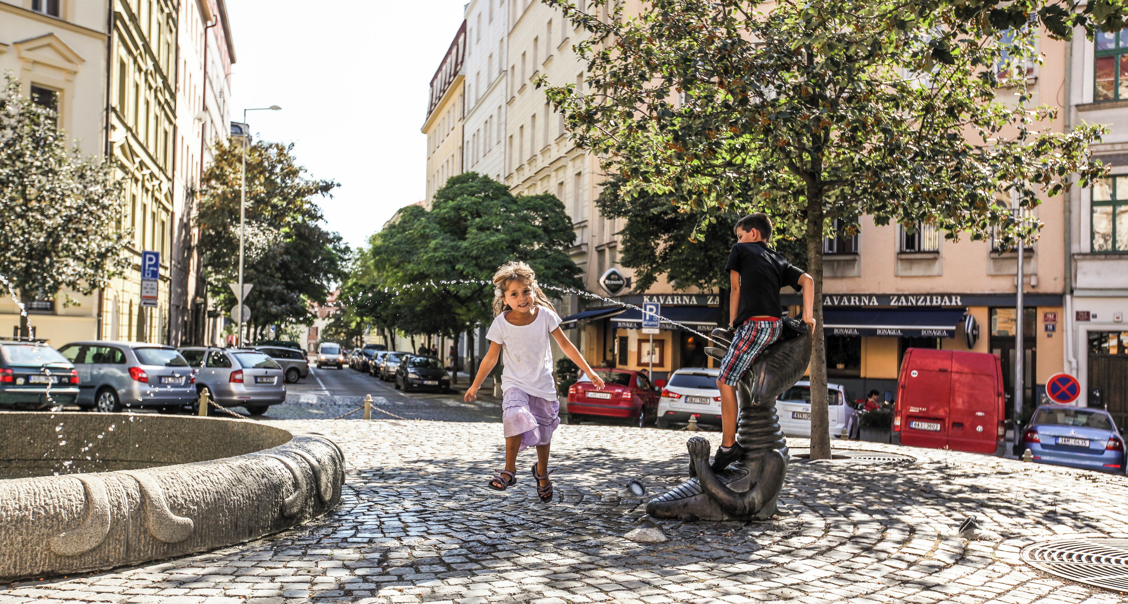 A cobblestone street with a fountain, parked cars, and buildings in the background.