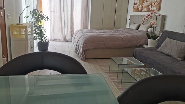 A modern bedroom with a bed, a sofa, a glass coffee table, and a potted plant. - Apartment - Sleeps 2 - Parking - 5min To La Frasca (Civitavecchia)