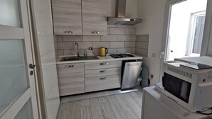 A modern kitchen with grey cabinets, a stainless steel range hood, a built-in dishwasher, and a microwave. - Apartment - Sleeps 2 - Parking - 5min To La Frasca (Civitavecchia)