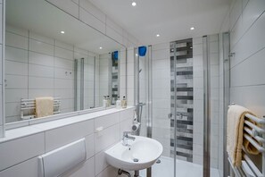 Shower, hair dryer, towels