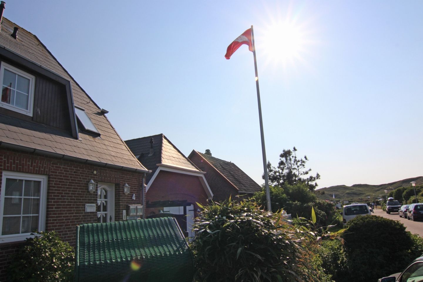Et boligområde med huse, et flag på en mast og parkerede biler.
