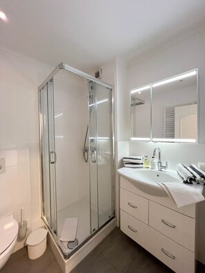 A modern bathroom with a glass-enclosed shower, a white sink with a mirror above, and a toilet.