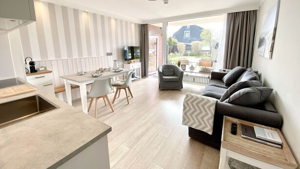 A modern apartment with a kitchen, dining area, and living room. It features a large window, a sofa, and a TV.