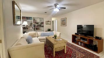 Smart TV, fireplace, DVD player, books