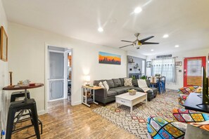 Smart TV, fireplace, books