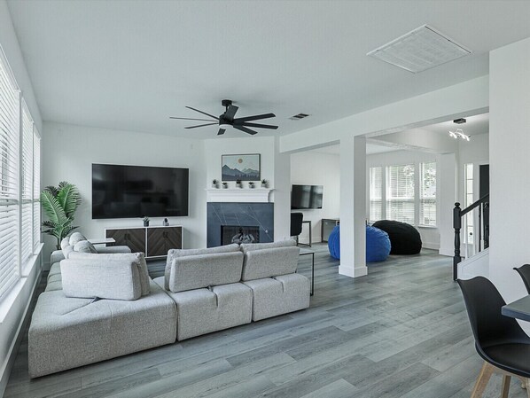 TV, fireplace, offices