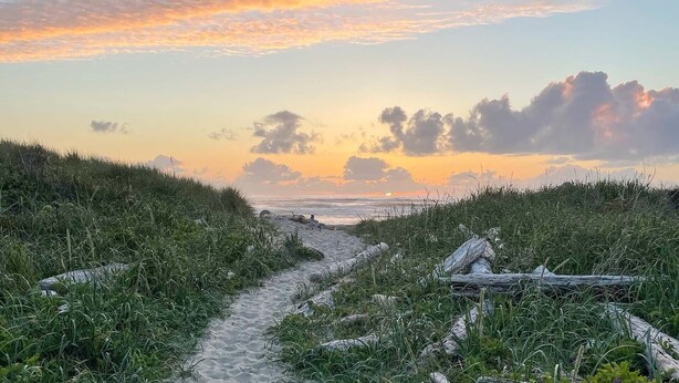 Un sentier côtier bordé d’herbe et de bois flotté, qui mène à la mer sous un ciel embrasé par le coucher de soleil.