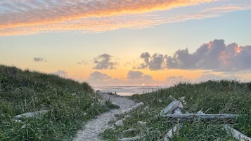 Un sentier côtier bordé d’herbe et de bois flotté, qui mène à la mer sous un ciel embrasé par le coucher de soleil.